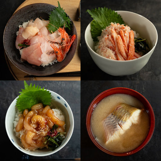 海鮮・甘えび・蟹丼 3種セット(たら汁付)/磯貝鮮魚店